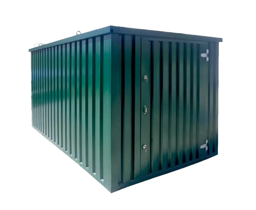 A dark green, corrugated metal storage shed with a flat roof and a single hinged door on the right side