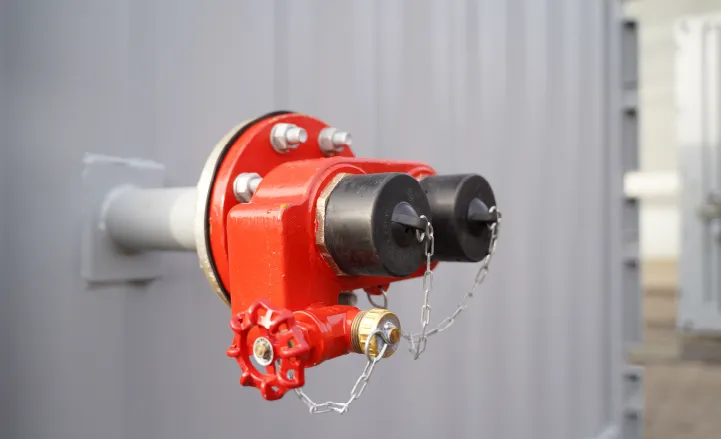 Close-up of a red external fire connection point mounted on a grey container wall, with two capped inlets secured by chains.