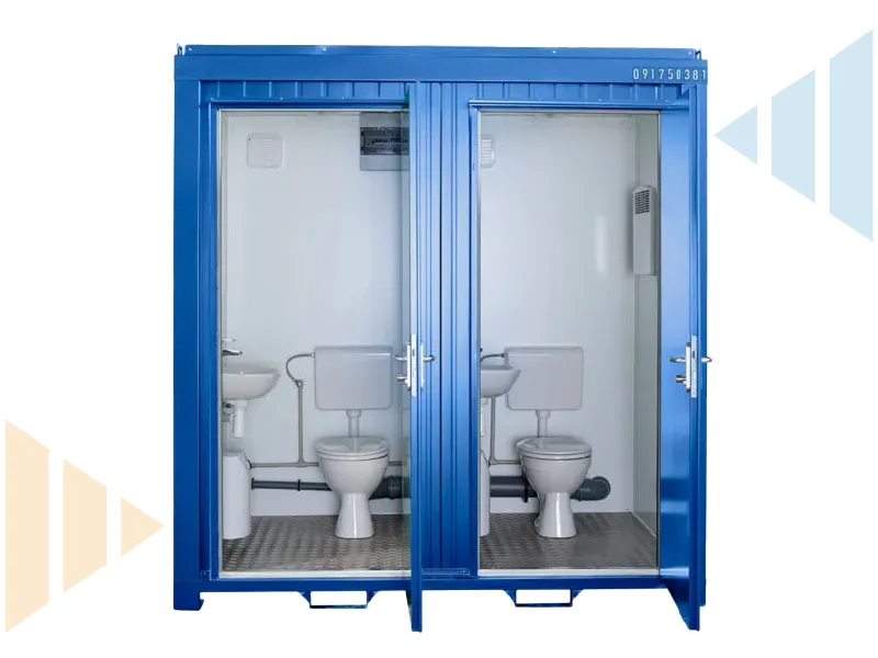 Interior layout of a twin portable site toilet unit, showing two individual cubicles each fitted with a toilet, hand basin, flush cistern, and hygienic white wall lining, designed for construction site welfare and outdoor event sanitation.