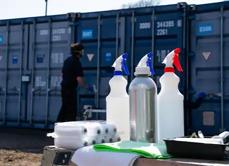 Close-up of ClearRestore product, spray bottles, cloths, and rollers arranged on a workbench, with a worker and a line of shipping containers blurred in the background, preparing for container restoration.