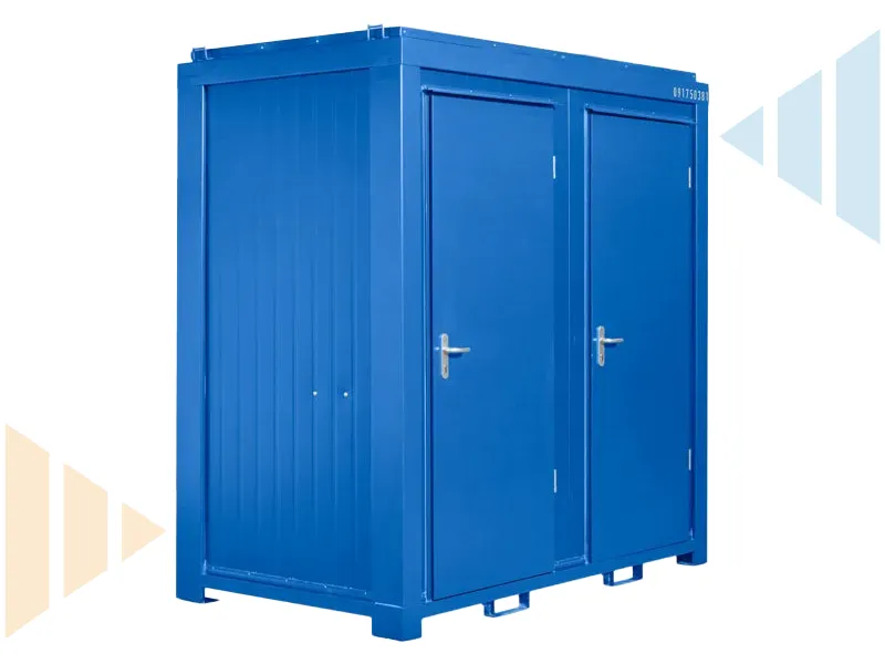 Angled view of a robust blue steel portable toilet cabin with twin access doors, suitable for use on building sites, festivals, and other temporary locations requiring durable welfare solutions.