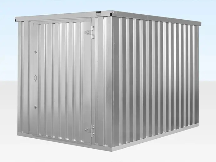 A silver galvanised flat pack metal storage shed with corrugated panels and a hinged door, shown against a plain background.