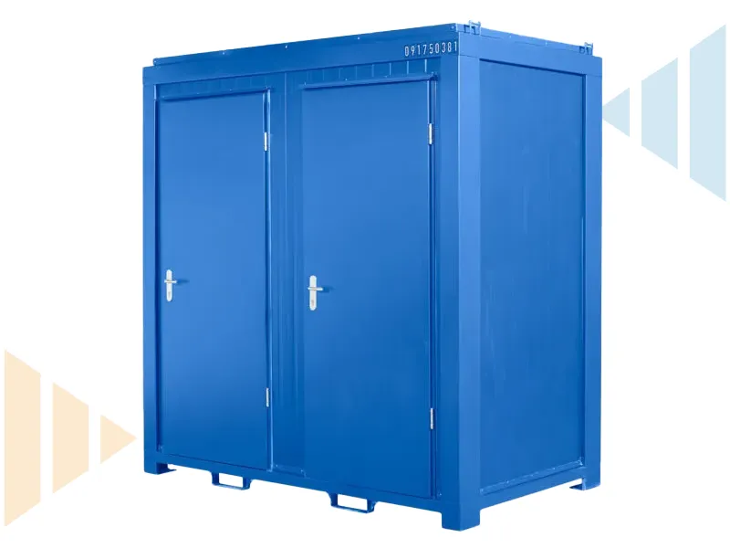 Exterior view of a double portable toilet unit with steel construction, featuring two secure metal doors. Ideal for construction sites, events, and temporary welfare facilities.