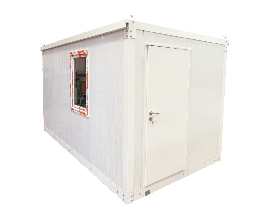 A compact, white modular office unit with a flat roof, a single door with a lock, and a window on the left side that is partially covered with protective tape.