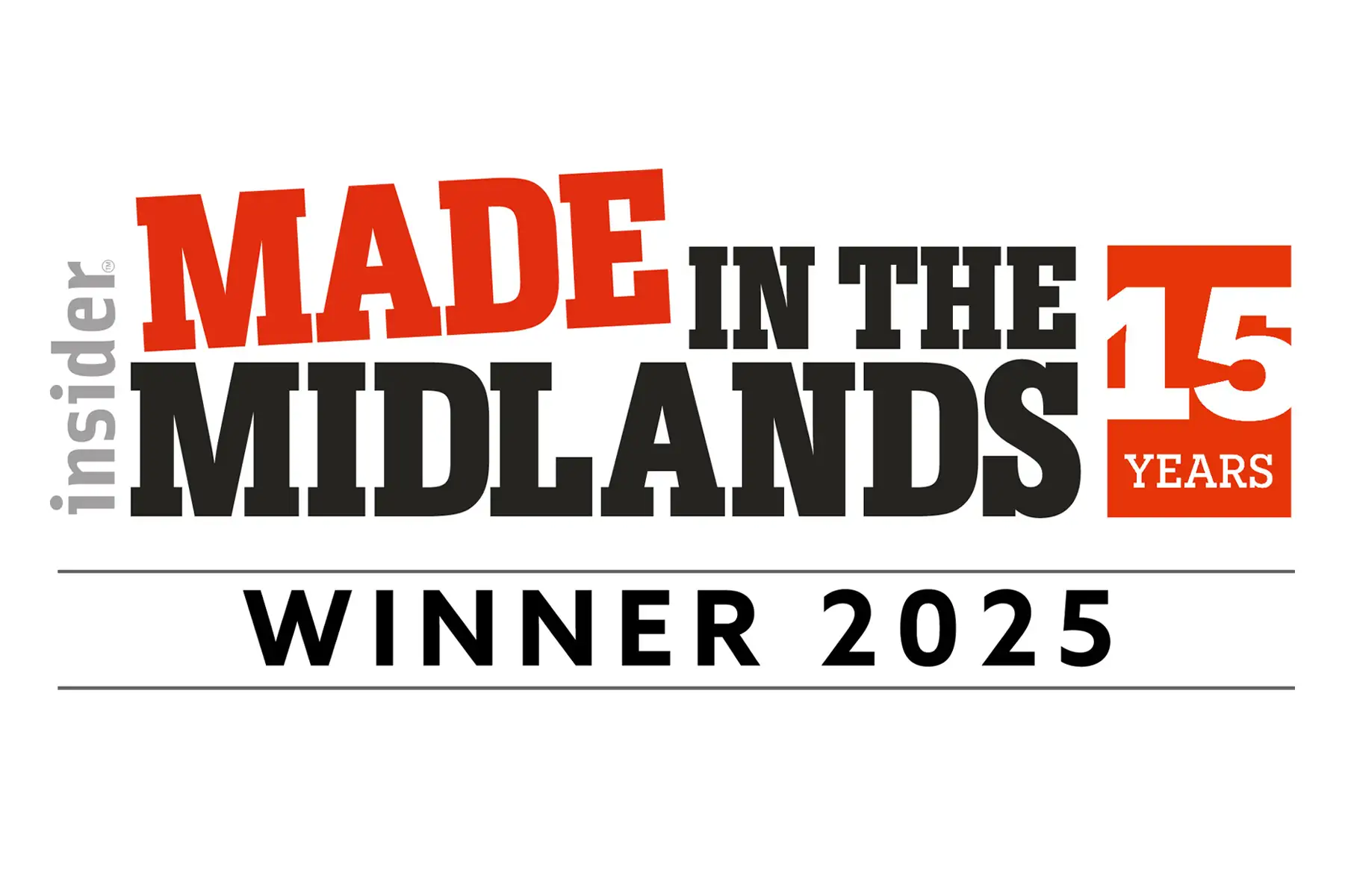 Made in the Midlands Winner 2025 logo. The design features bold red and black text with '15 years' highlighted in an orange box. The word 'insider' appears vertically on the left side.