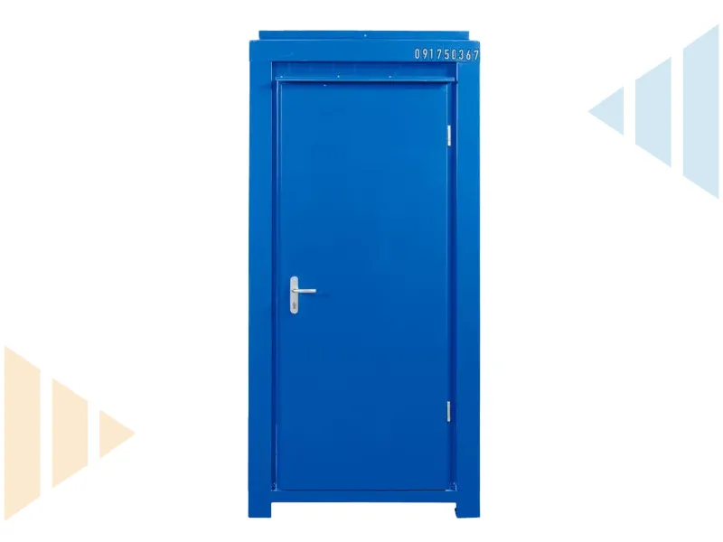 Front view of a single blue steel portable toilet unit, lockable door and reinforced construction, ideal for use as a standalone welfare solution on construction and industrial sites.