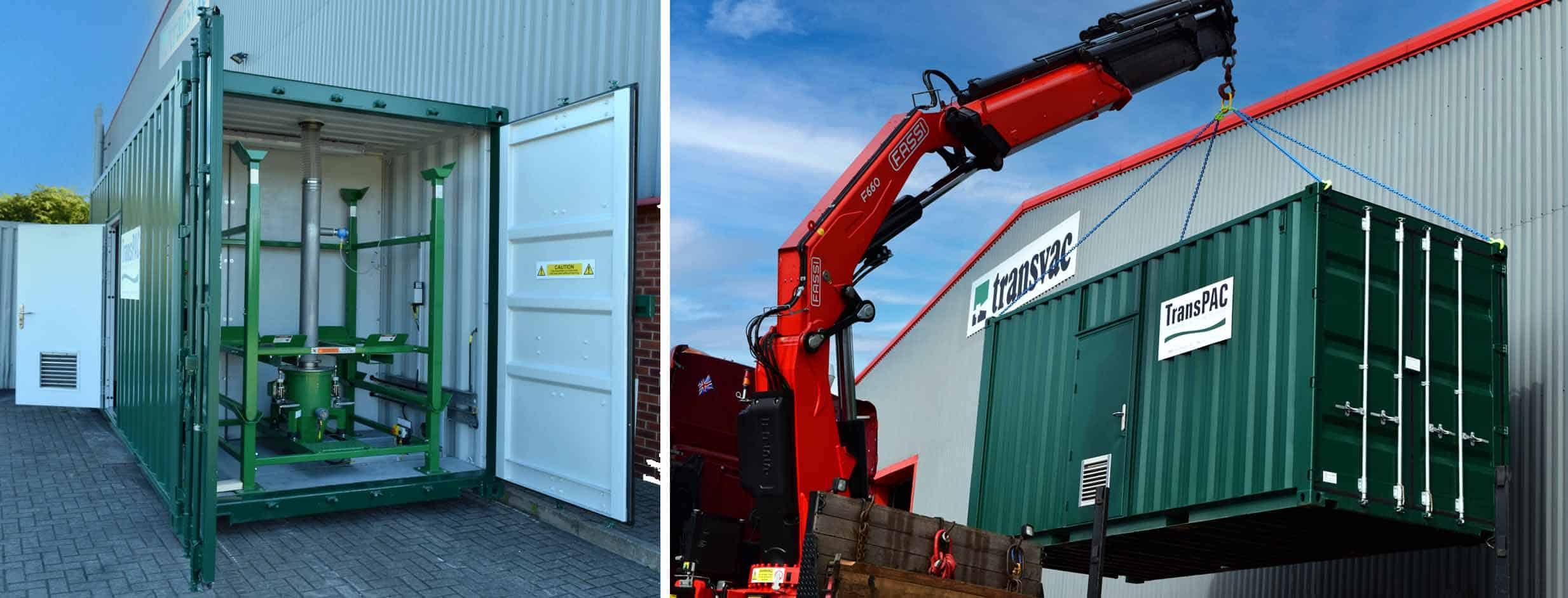 A collage depicting a green shipping container converted into a water treatment unit for Transvac