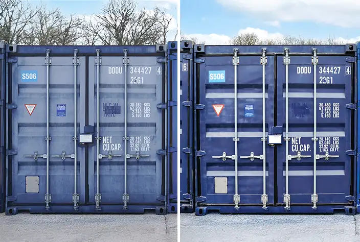Side-by-side comparison of a shipping container before and after restoration using a clear varnish. The left side shows a dull, faded blue container, while the right side shows the same container with a vibrant, glossy finish, highlighting the visual transformation.