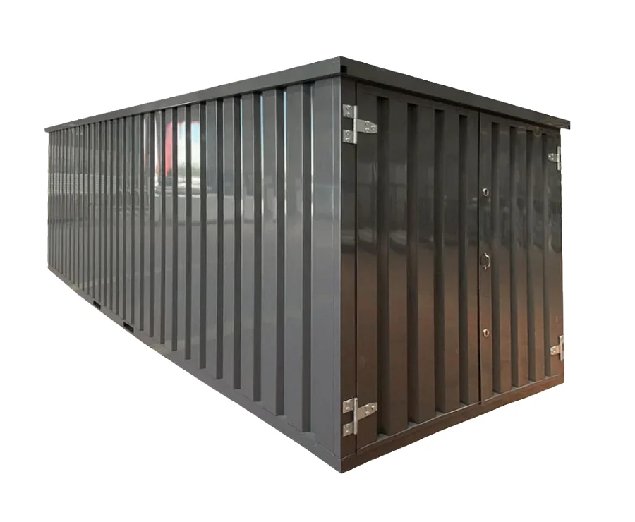 A dark grey corrugated metal storage shed with a flat roof and a single hinged door on the right side