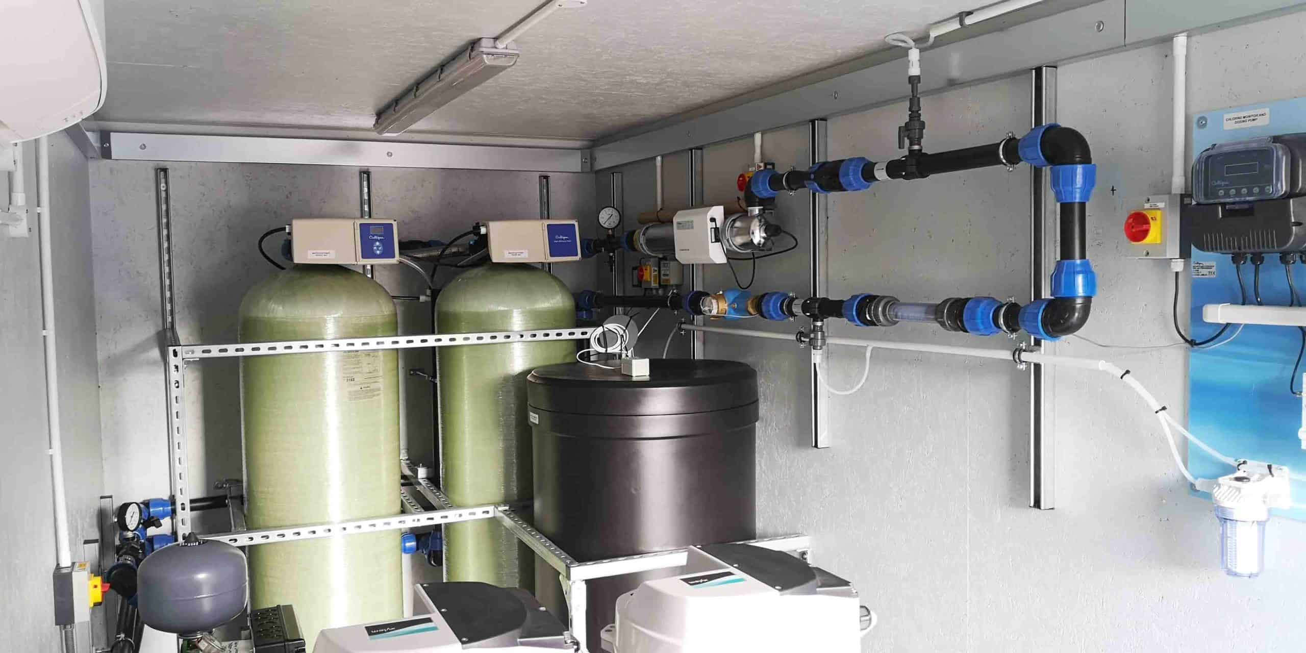 Containerised water treatment equipment housed inside a shipping container unit supplied and converted by S Jones for Culligan