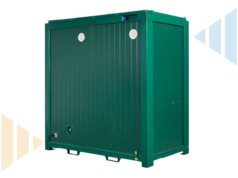 Rear view of twin green cubicle toilet unit showing integrated ventilation ports and service connections. Weatherproof and insulated steel shell supports reliable operation in exposed or demanding environments.